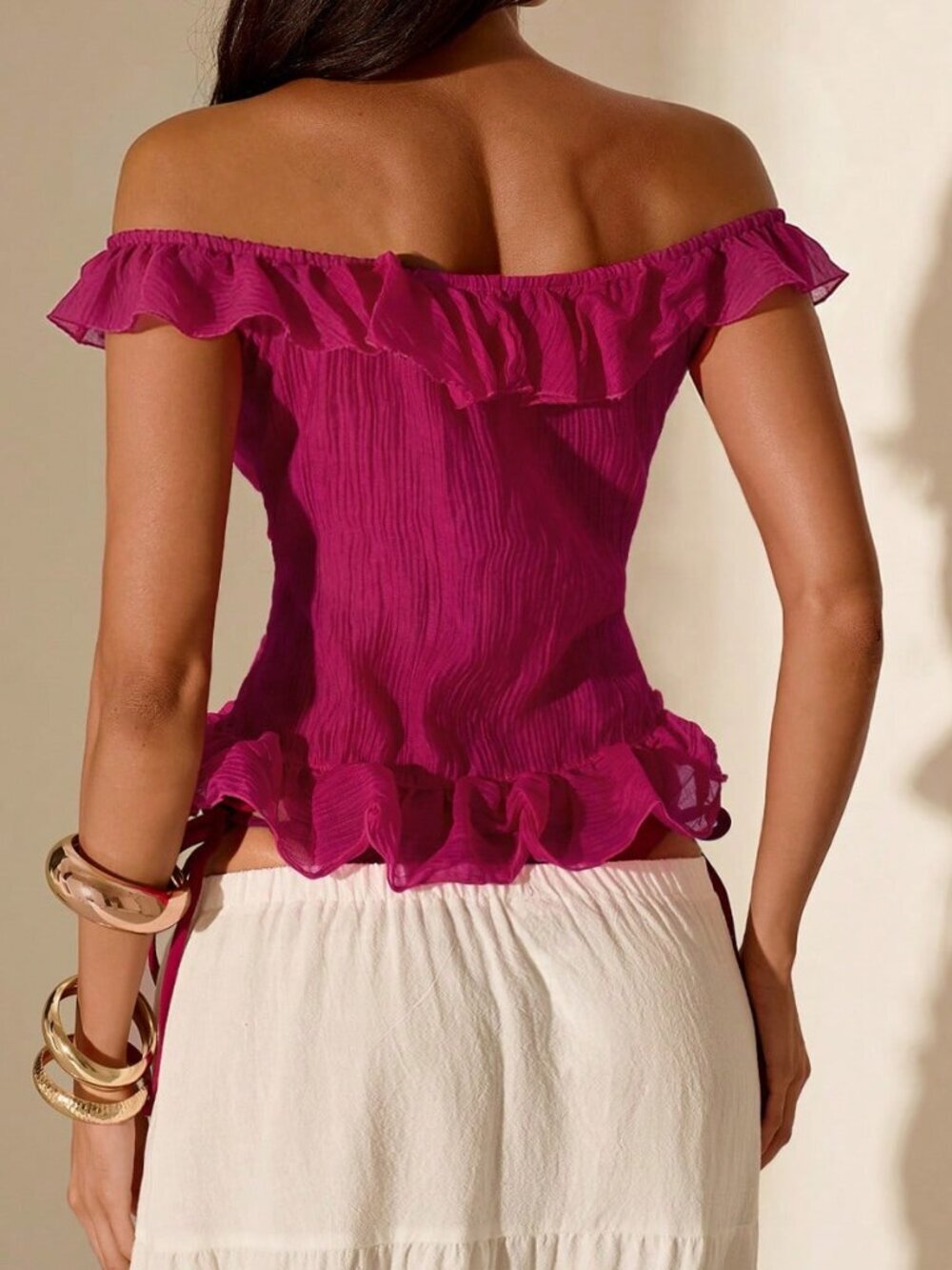 Hot Pink Casual Women's Off-The-Shoulder Ruched Sleeveless Top - Picture 2 of 7